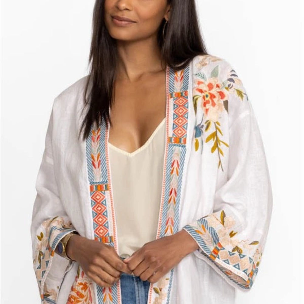 Johnny Was White Kimono with Colorful Embroidery
